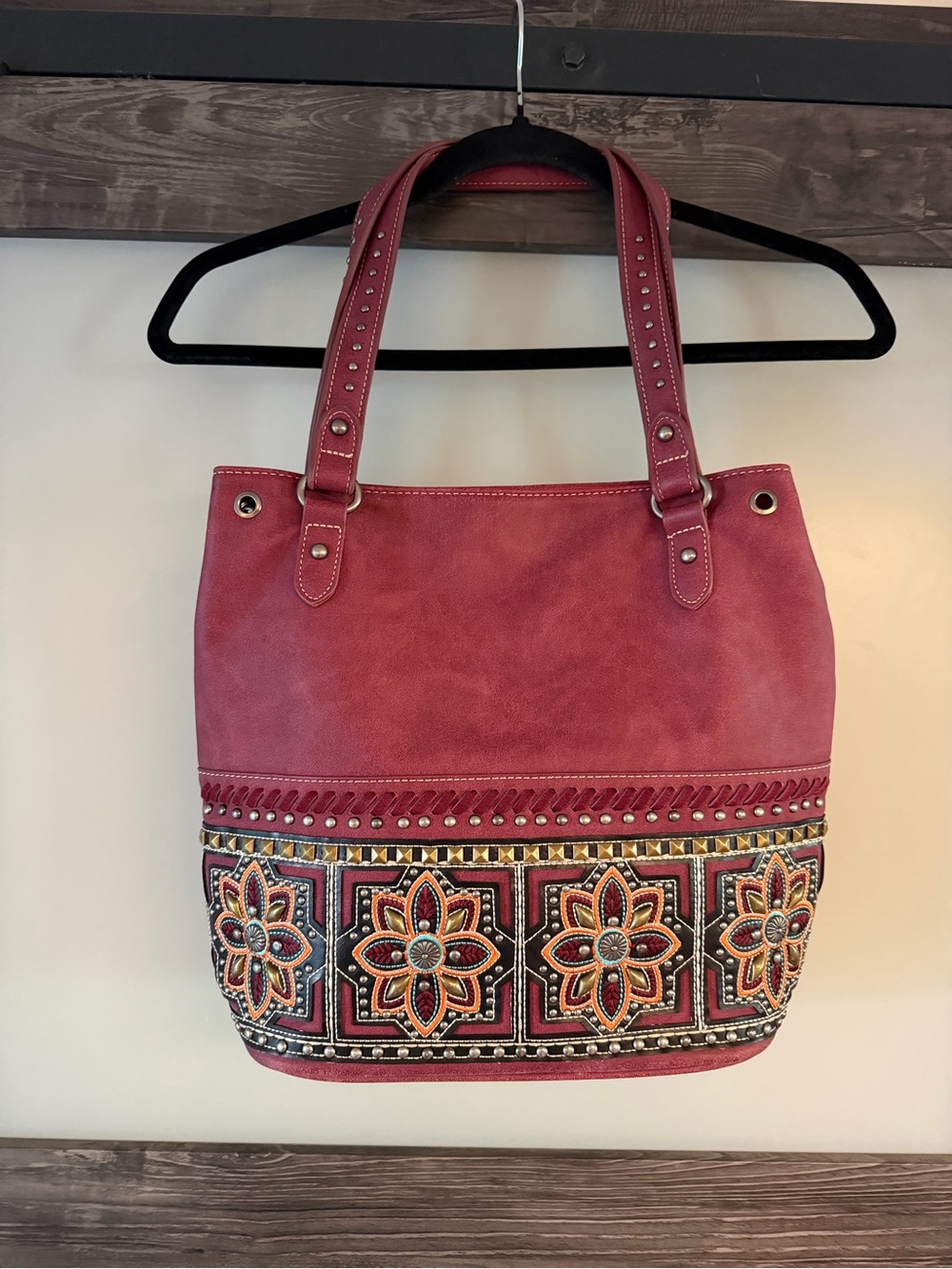 Montana West Red Embroidered Floral Tote with Studded Straps